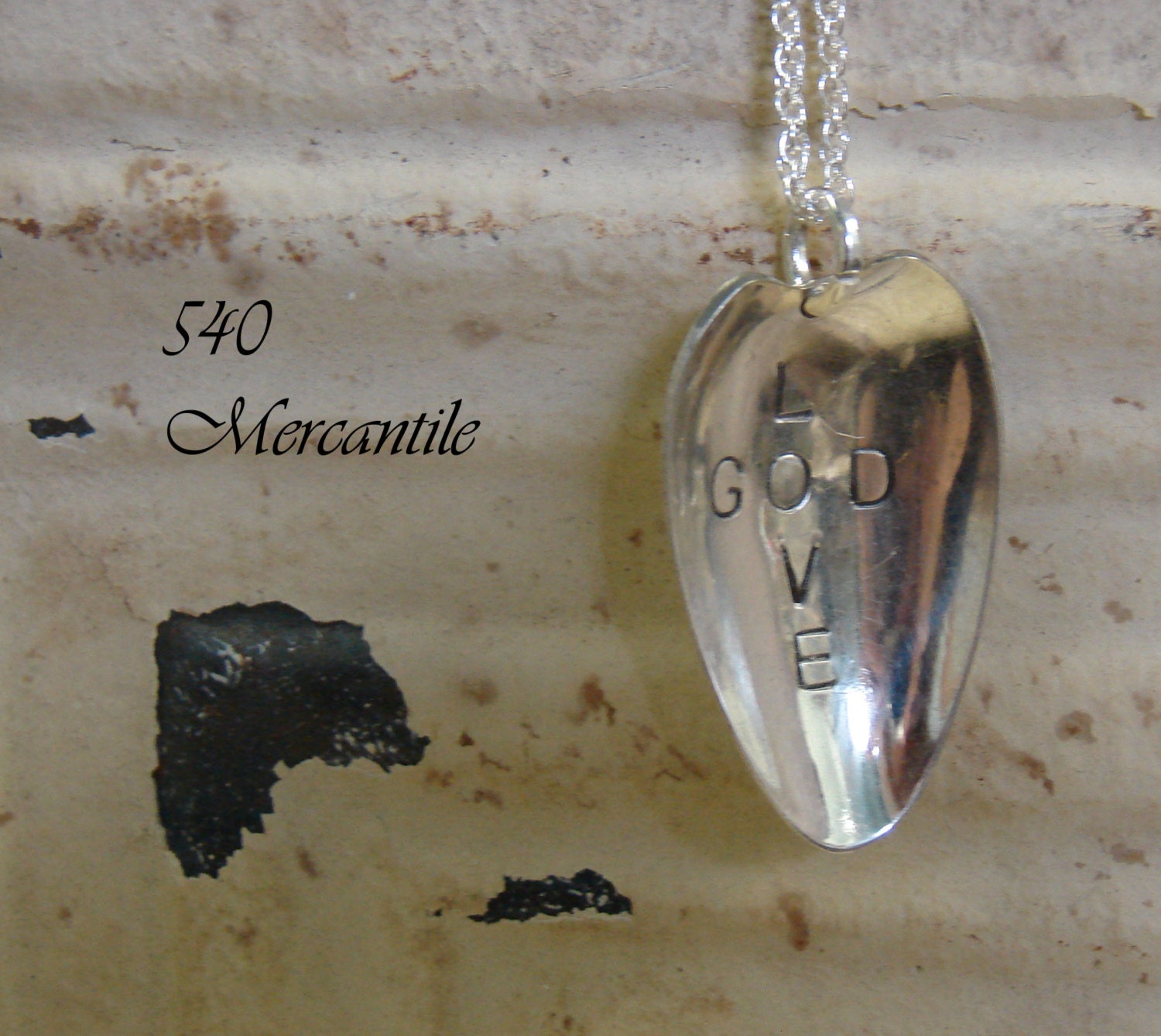 Love God Silver Spoon Stamped Necklace on 24 inch chain, refurbished repurposed jewelry