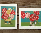 Wild Rose set:  Tea Tin and Wild Roses, two original linocut prints, handmade by the artist