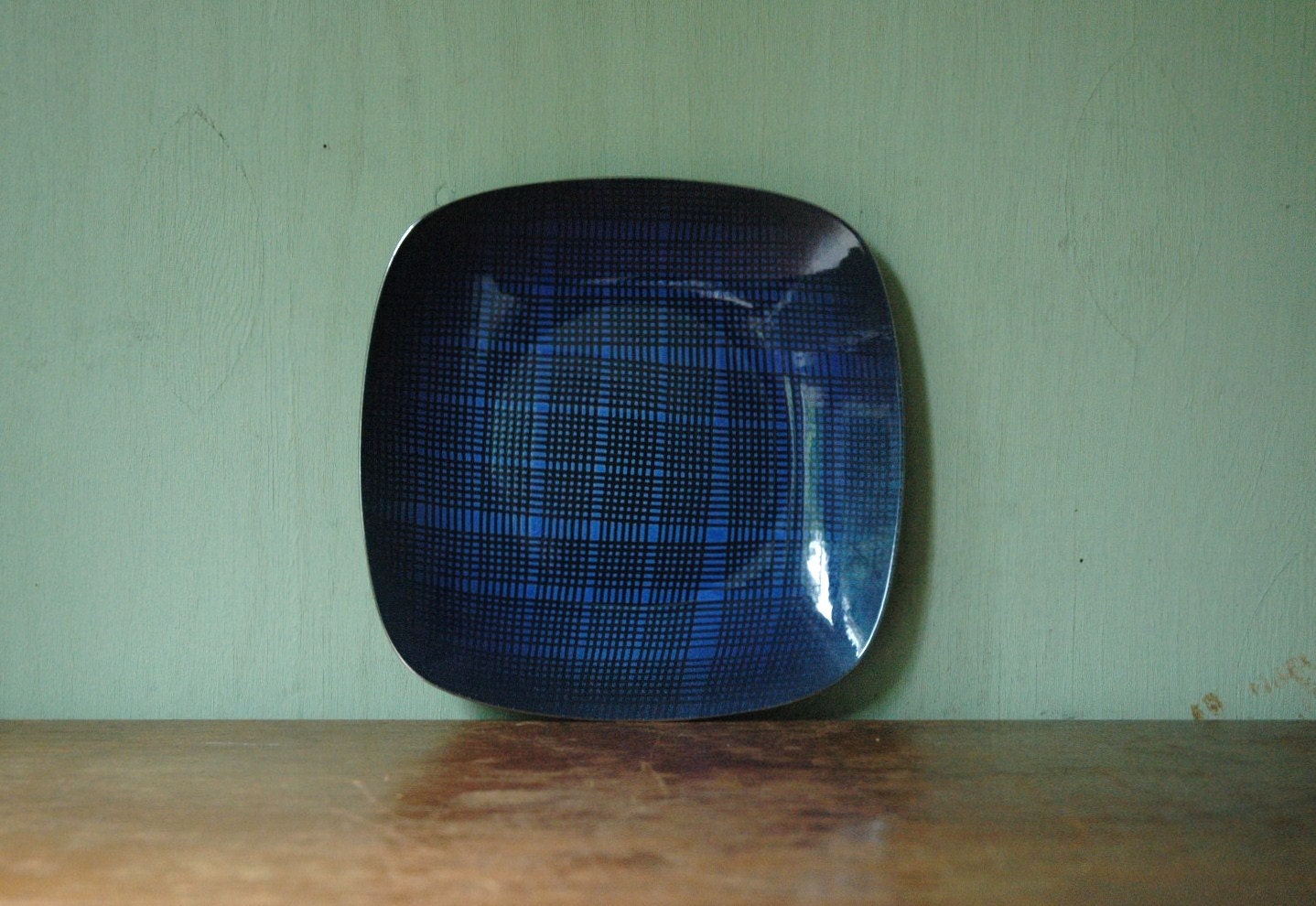 Cathrineholm Grid Pattern Enamel Plate - Rare Grete Prytz Kittelsen Designed Enamelware Dish
