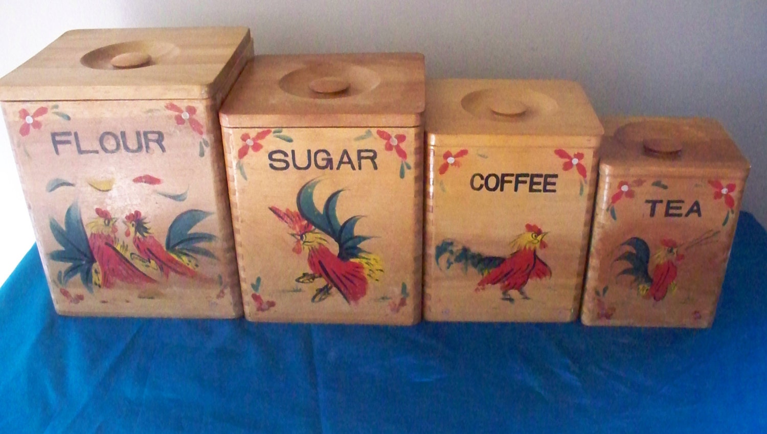 Vintage Red Rooster Wooden Canister Set Flour, Sugar, Coffee and Tea Country Kitchen Nippon Koatsu Japan