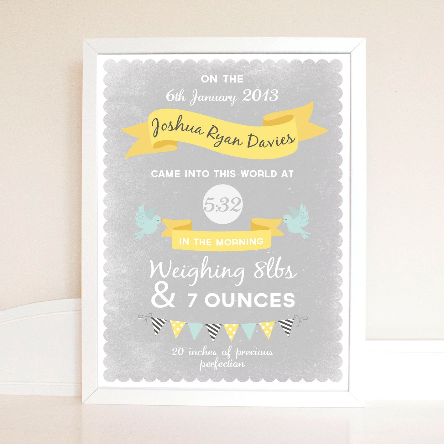 Custom Birth Baby Print. Personalized Birth Announcement Nursery Art.  11x14. You choose text and colours. Modern banner typography.