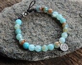 Om Silver and Blue Agate Yoga Bracelet On Adjustable Leather or Vegan Hemp Cord - Serentity bracelet