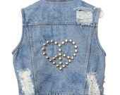 Vintage Blue Denim DESTROYED Heart Peace Sign STUDDED Vest Jacket  S M