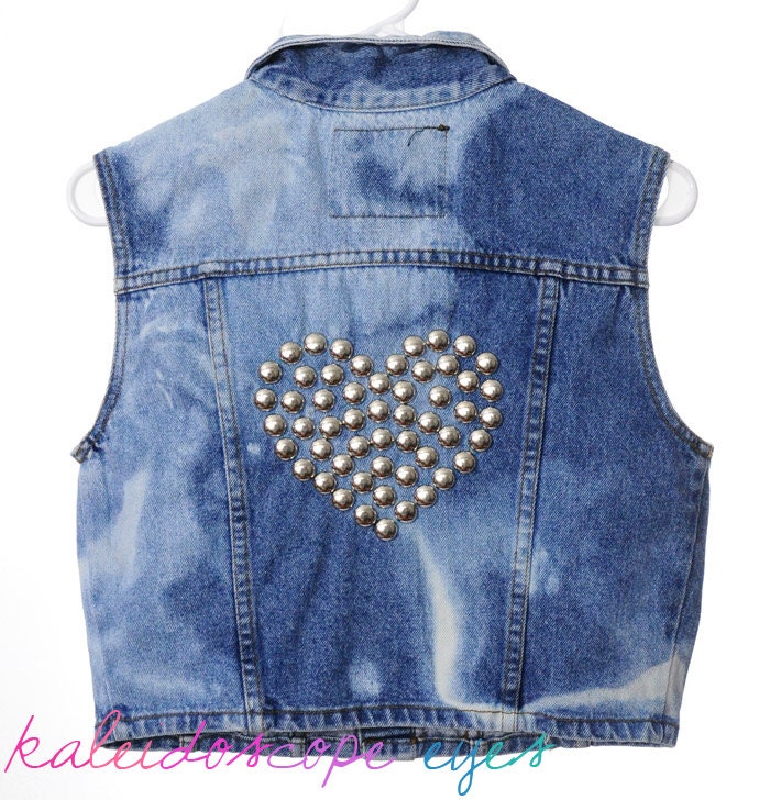 Vintage Marbled Destroyed Blue Denim HEART STUDDED Vest Jacket  XS S M