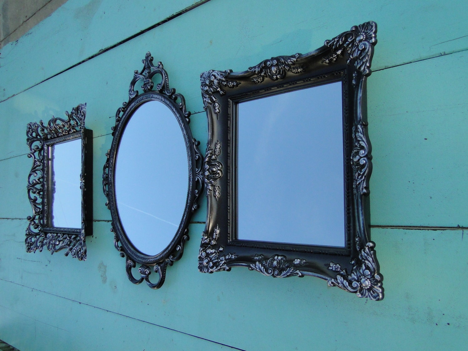 Set of 3 Ornate Vintage Mirrors Wall Mirror Ornate Gilded Frame Hollywood Regency Paris Apartment French Gothic "Silver Oil, Mirrors"