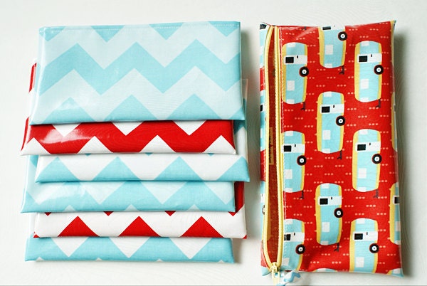 Cash Envelope System Budget Wallet with 6 envelopes in zippered pouch // campers, red, aqua, yellow laminated cotton