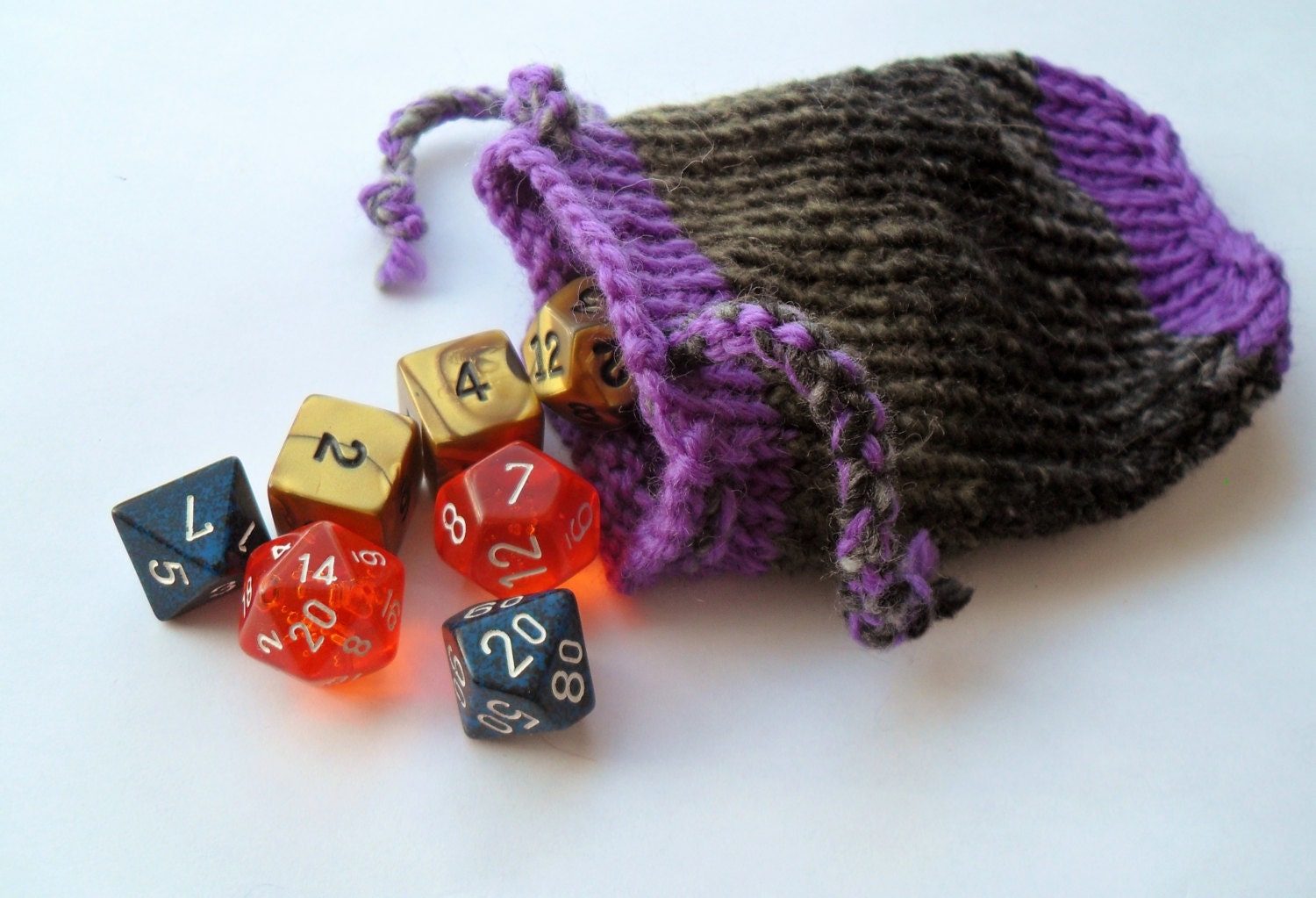 Knitted purple night  pouch drawstring / dice bag