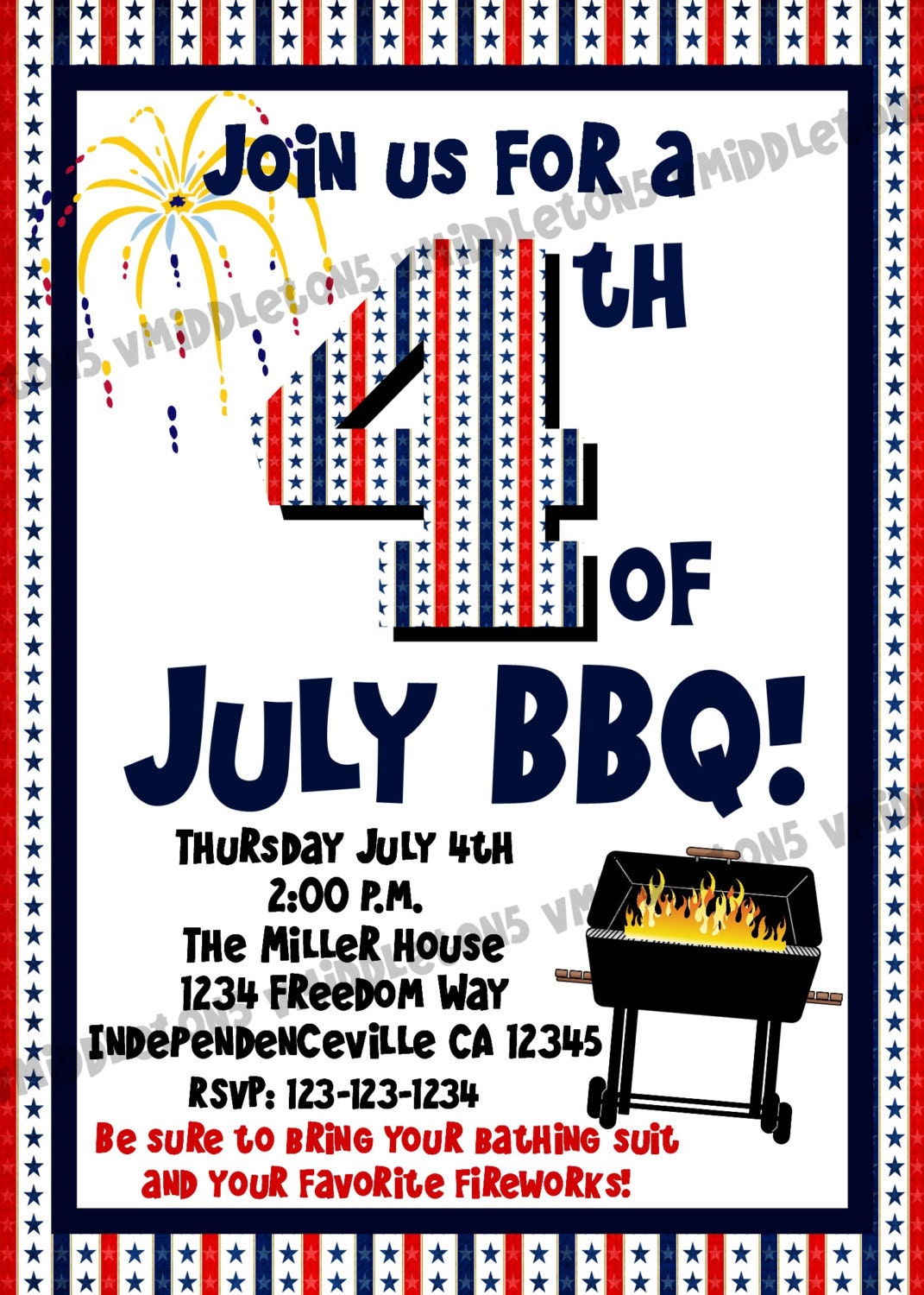 4th of July Patriotic BBQ Cookout Invitation Print Your Own 5x7 or 4x6