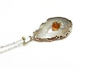 Geode Agate Slice Necklace // Silver Edged, Raw Crystal Druzy, Fixed Citrine Point, Delicate Sterling Silver Chain, Summer Fashion