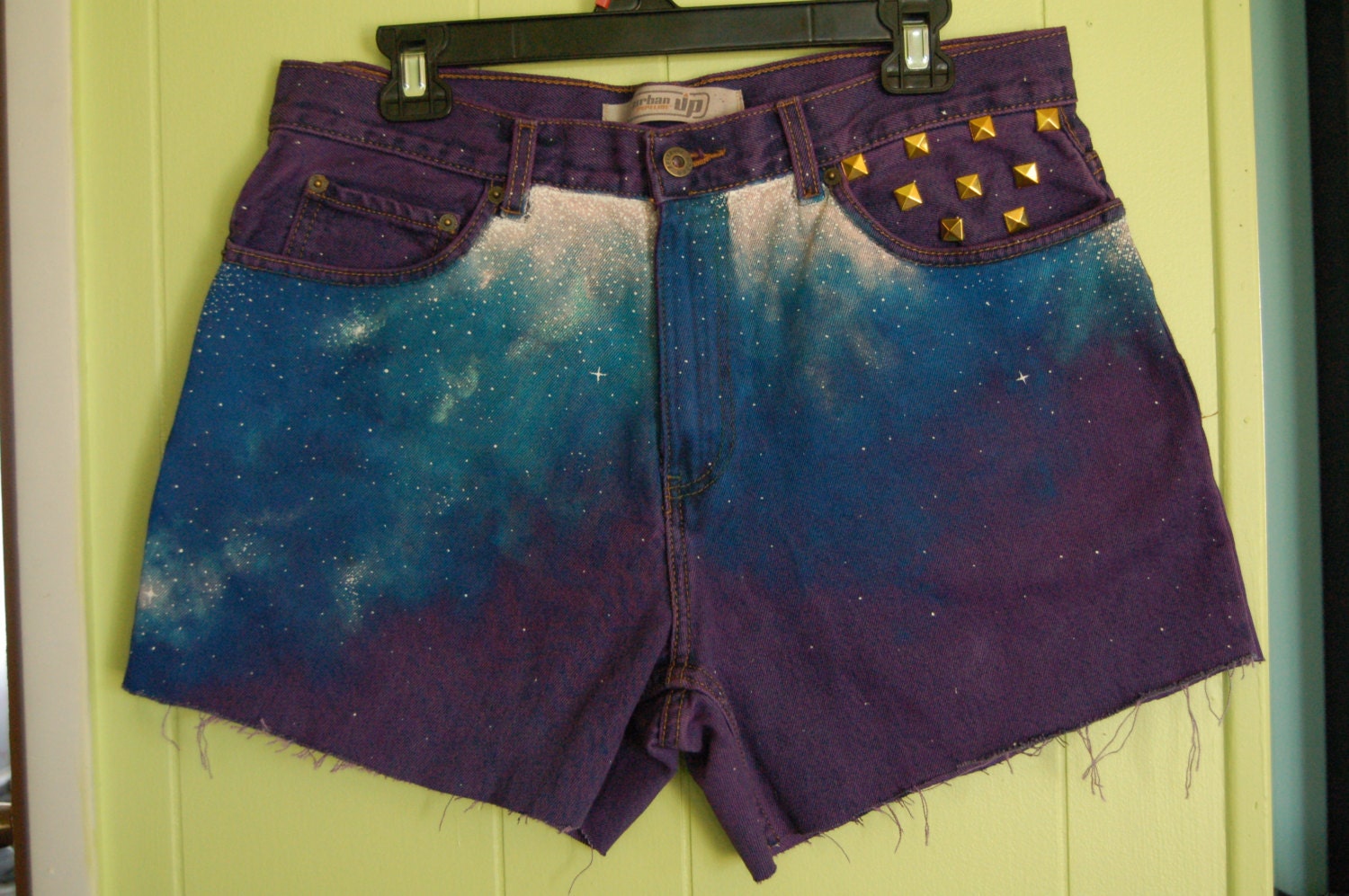 Purple distressed galaxy shorts