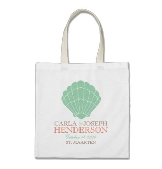 Beach Gift or Wedding Welcome Tote Bag - Personalized Classic Seafoam Green Seashell Tote Bag in Brown Sand//Sunset Orange/Seafoam Green