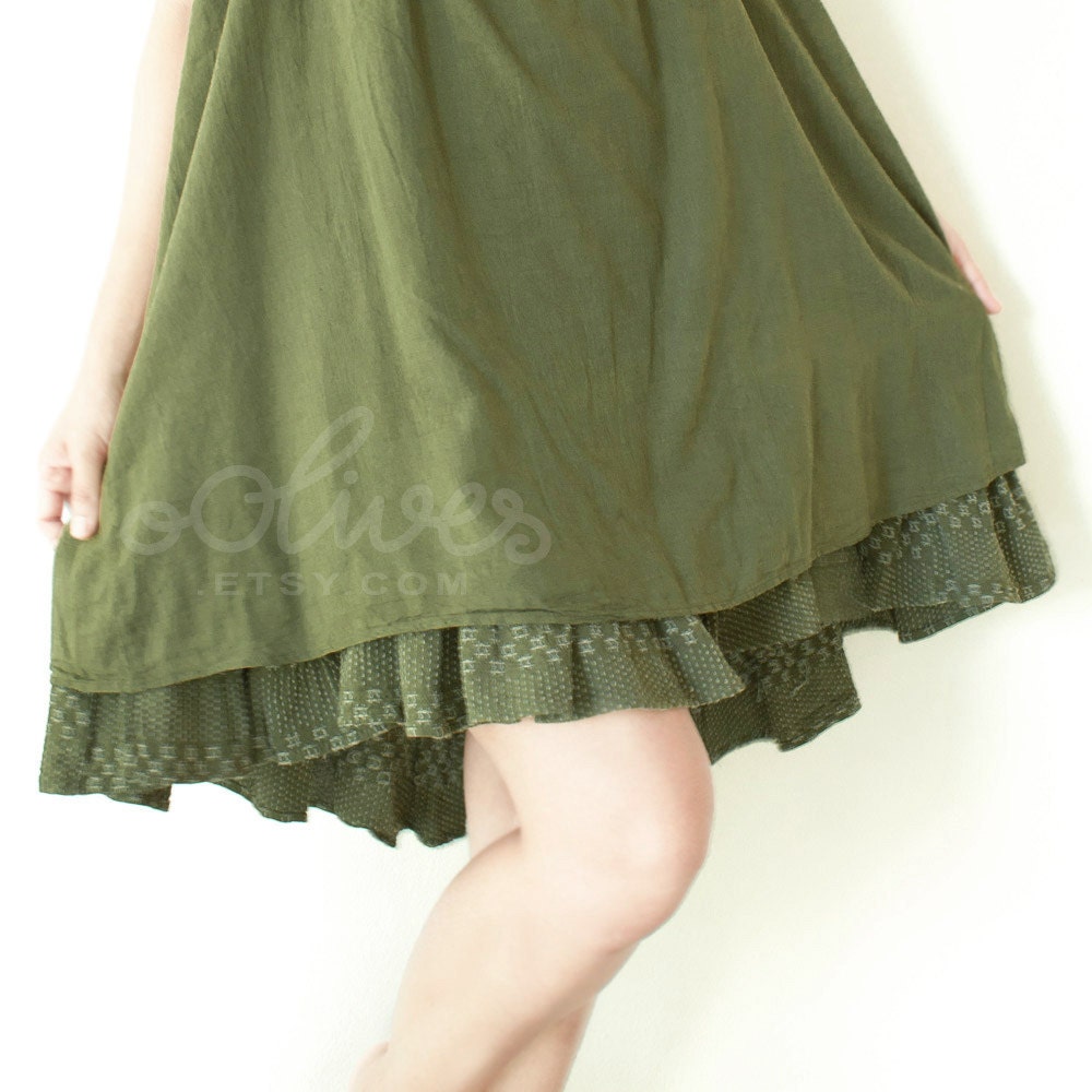 Summer Layered Cotton Dress in Dark Green
