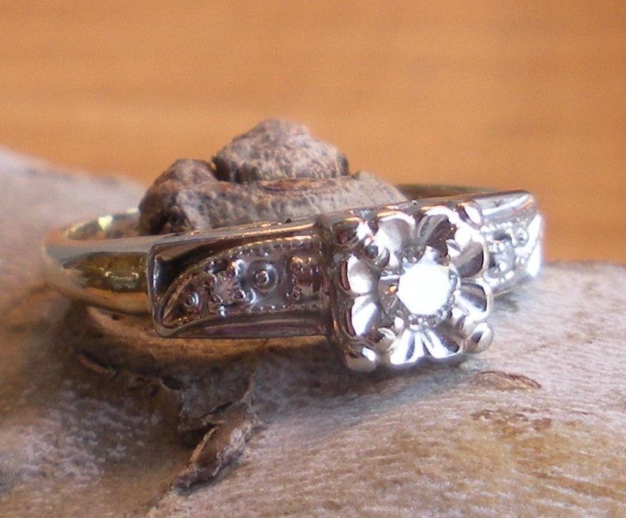 Fine Detail Diamond Engagement Ring - 14k White and Yellow Gold - Diamond Solitaire - Three Stone Ring