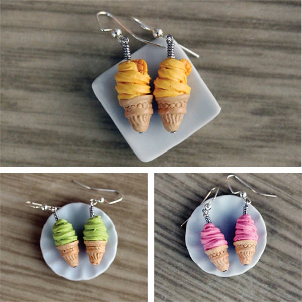 Polymer Clay Miniature Food Jewelry: Soft Serve Ice Cream Cone Dangle Earrings - choose from mango, green tea and strawberry