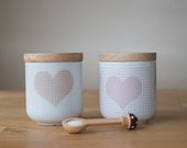cute wooden lid ceramic canister jar pink polka dot heart - poussepoussecitron