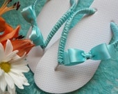 Tiffany blue flip flops, bridal flip flops for blue wedding, fancy embellished with blue satin bow, beach wedding shoes ADRIANA'S WRAPPING