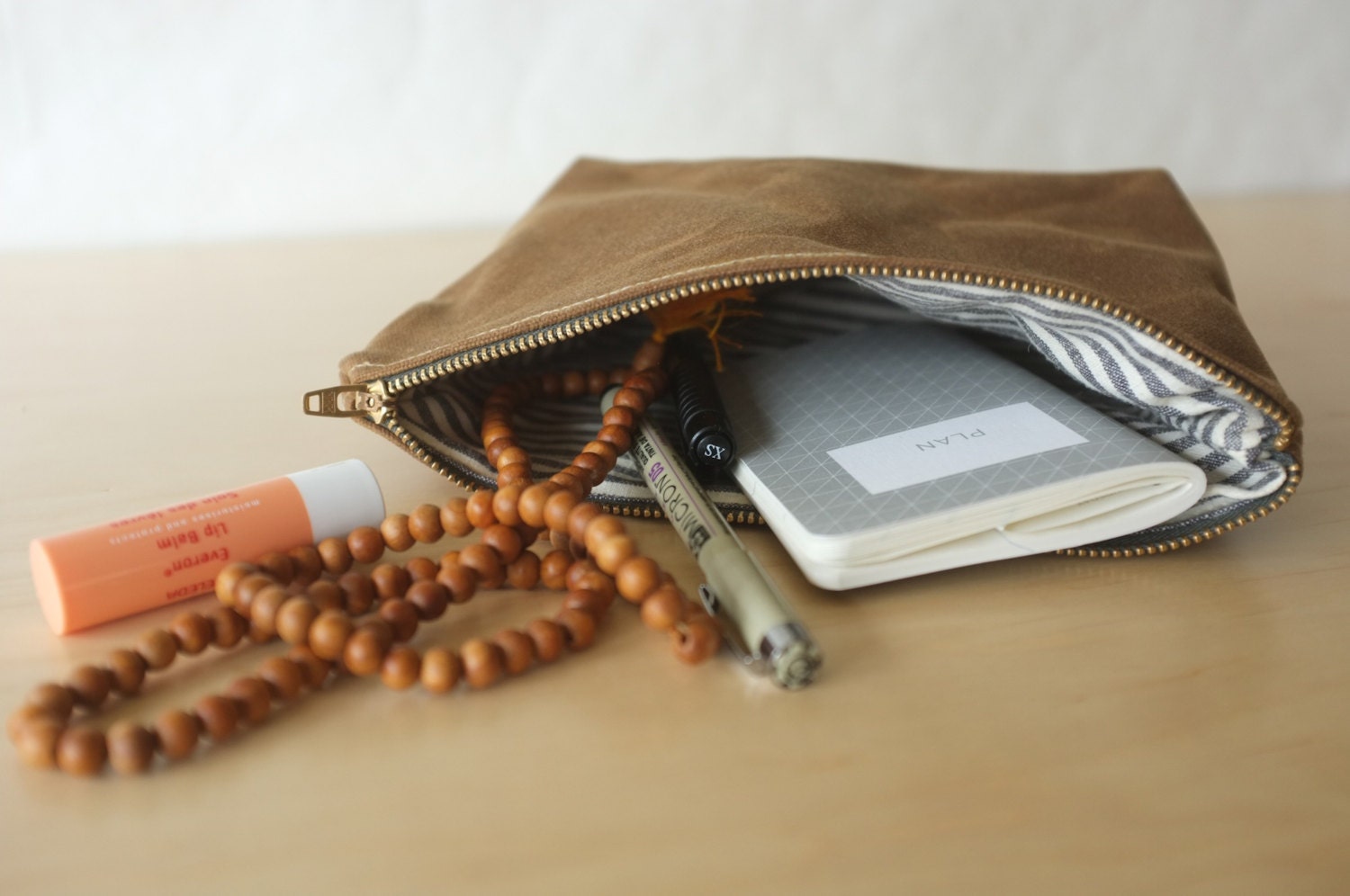 Waxed Canvas Zip Pouch // Lined With Striped Organic Cotton // Pencil Case