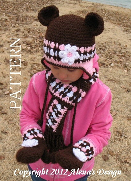 PDF Instant Download - Crochet PATTERN Set  - Bear  Hat,  Chilren's Mittens, and  Scarf