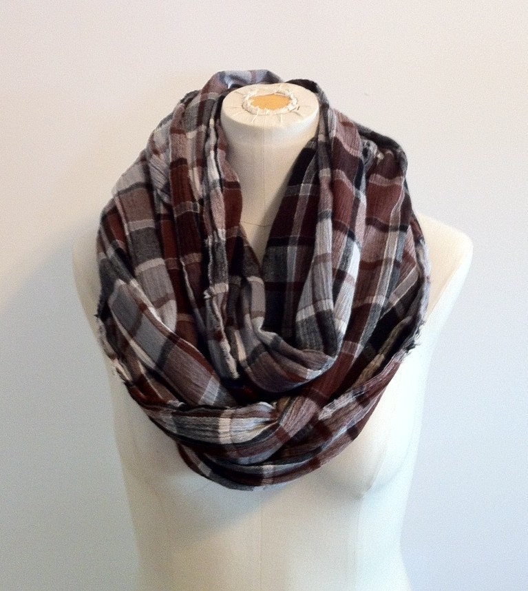 Long Cotton GAUZE SCARF in Black Brown Gray Off White Plaid - Unisex - Spring Summer