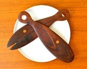 Vintage Danish Teak or Rosewood Whale or Fish Shaped Salad Tongs, Probably by Laurids Lonborg, Midcentury Modern, Denmark, Animal