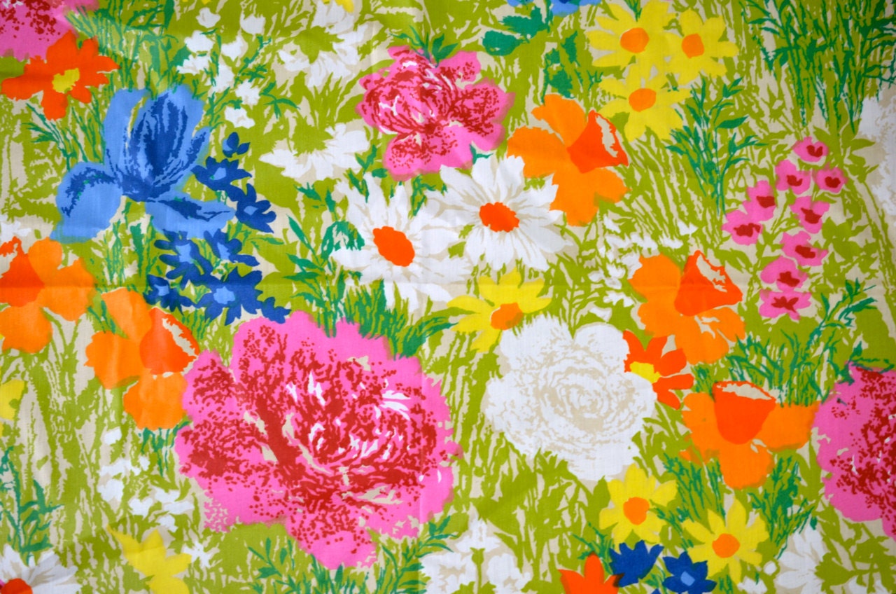 1 Yd. Vintage Bright Floral Cotton Fabric w/ Daisies, Coated Cotton, Drapery, Apparel, Quilt Weight, 1960s, Daffodils, Irises