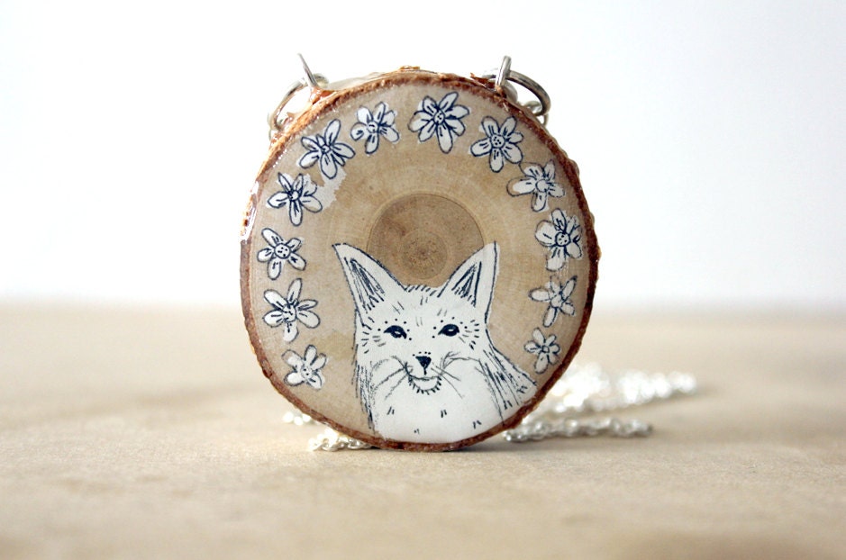 Floral arctic fox necklace- hand painted reclaimed recycled wood necklace