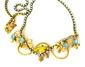 Blue and Yellow Opal crystal necklace Matte gold pacific opal yellow opal flowers bib necklace rhinestone necklace vintage style