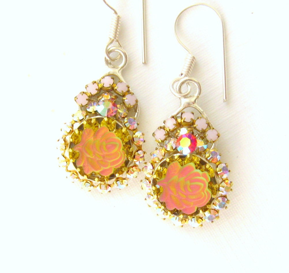 Rose crystal earrings - AB glass rose -silver plated dangle - vintage style pink earrings -handmade jewelry dangle earrings