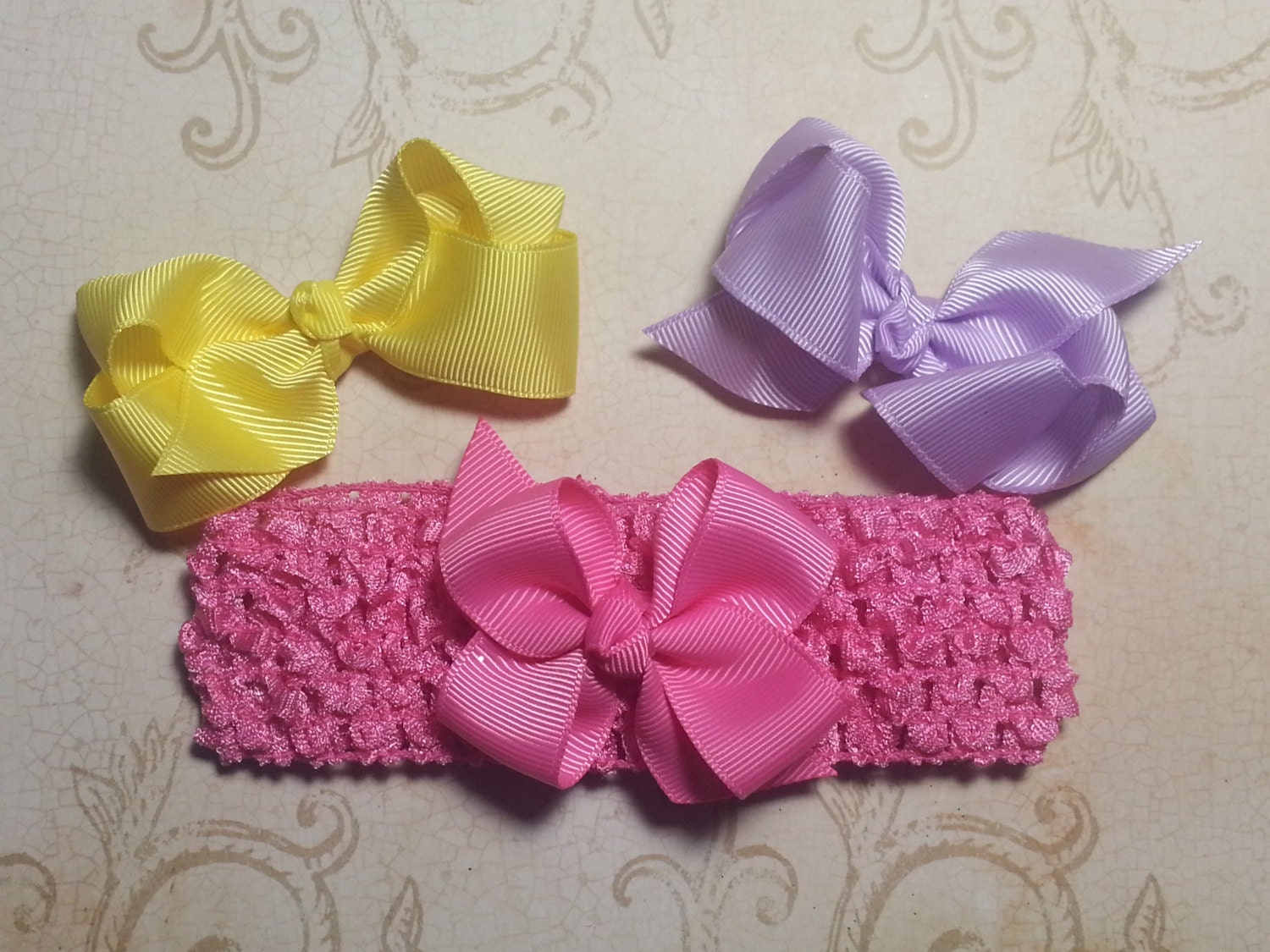 Hair Bow and Headband Set-Pink, Purple, Yellow-Pinwheel Hair Bow-Crochet Headband-Easter Set-Shower Gift-Infant, Toddler-Hairbow-Little Girl