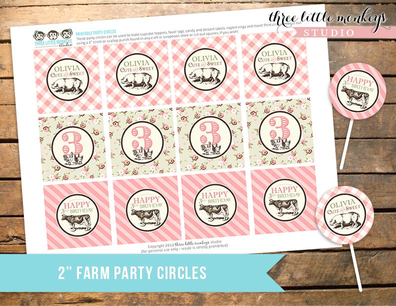 Vintage Farm Fresh Personalized 2" Party Circles Cupcake Toppers Favor Tags Il_570xn