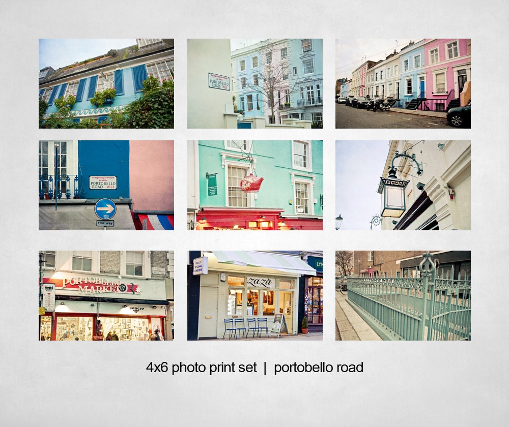 25% Off SALE London Mini Prints. Portobello Road. Notting Hill. Set of Nine 4x6 Photo Prints blue pink green