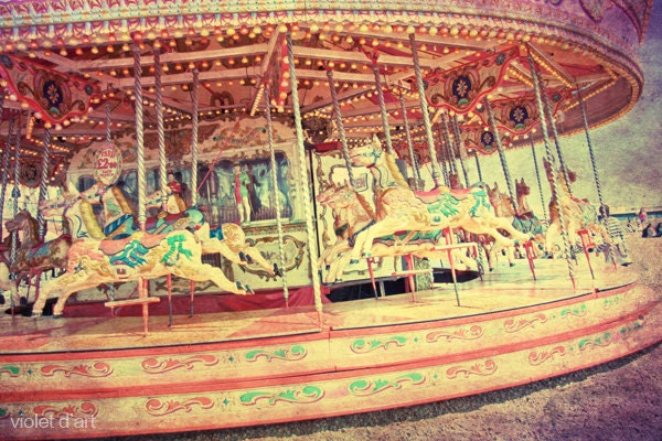 25% Off SALE Carnival Photograph whimsical merry-go-round. colorful, nursery room art, wall art, carousel horse, vintage shabby red