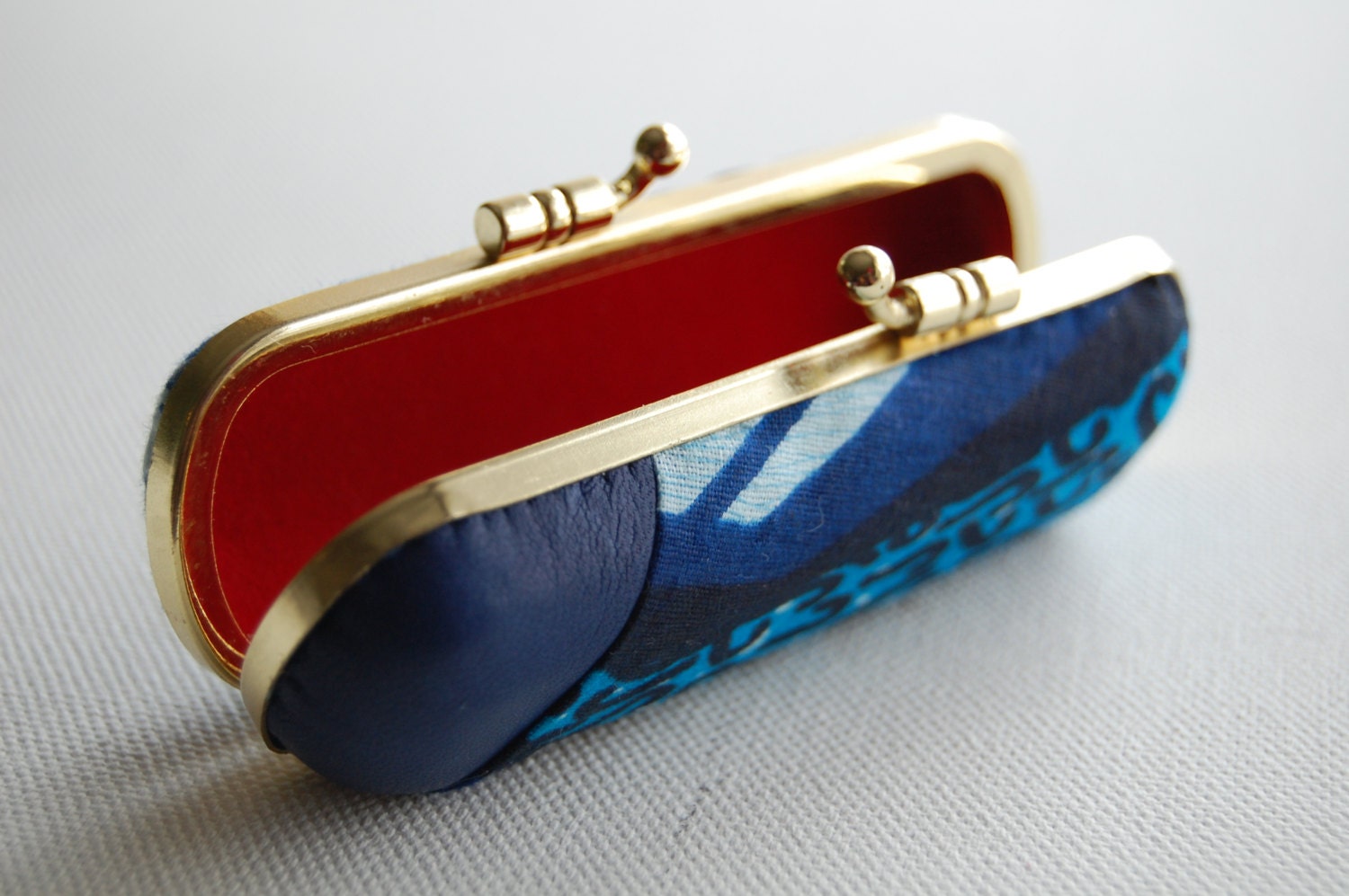 Lipstick Case // Jewellery Holder // Coin Purse // Navy blue Leather and Wax Printed Cotton