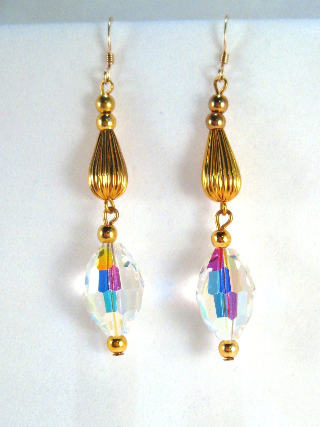 Crystal Dangle Earrings Handmade Vintage Austrian Aurora Borealis Beads