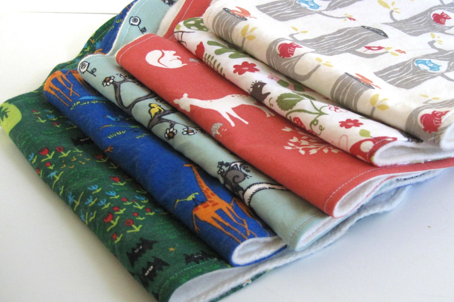 Set of 5 organic fleece and designer cotton burp cloths for baby.  You pick fabric.