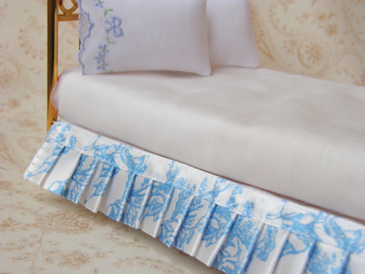 Blue and White Toile Pleated Bedskirt- 1:12 scale, made for Double or Queen Miniature Bed