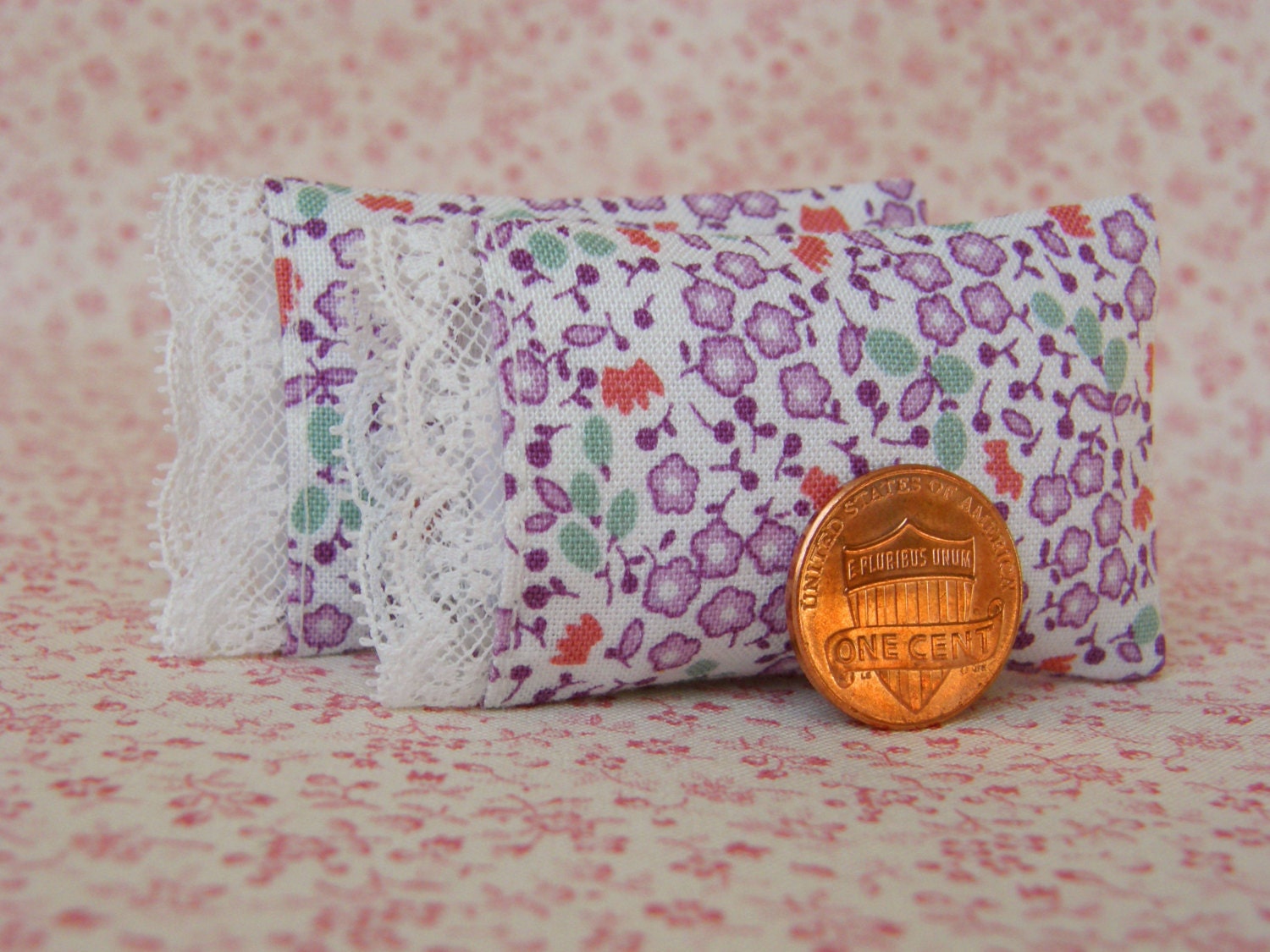 Dollhouse Miniature Set of 2 Purple Floral Print Pillows with French lace detail - 1/12 scale