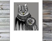 Owls, gray - A3 Print, Scandinavian retro, 70's, animals, swedish, design