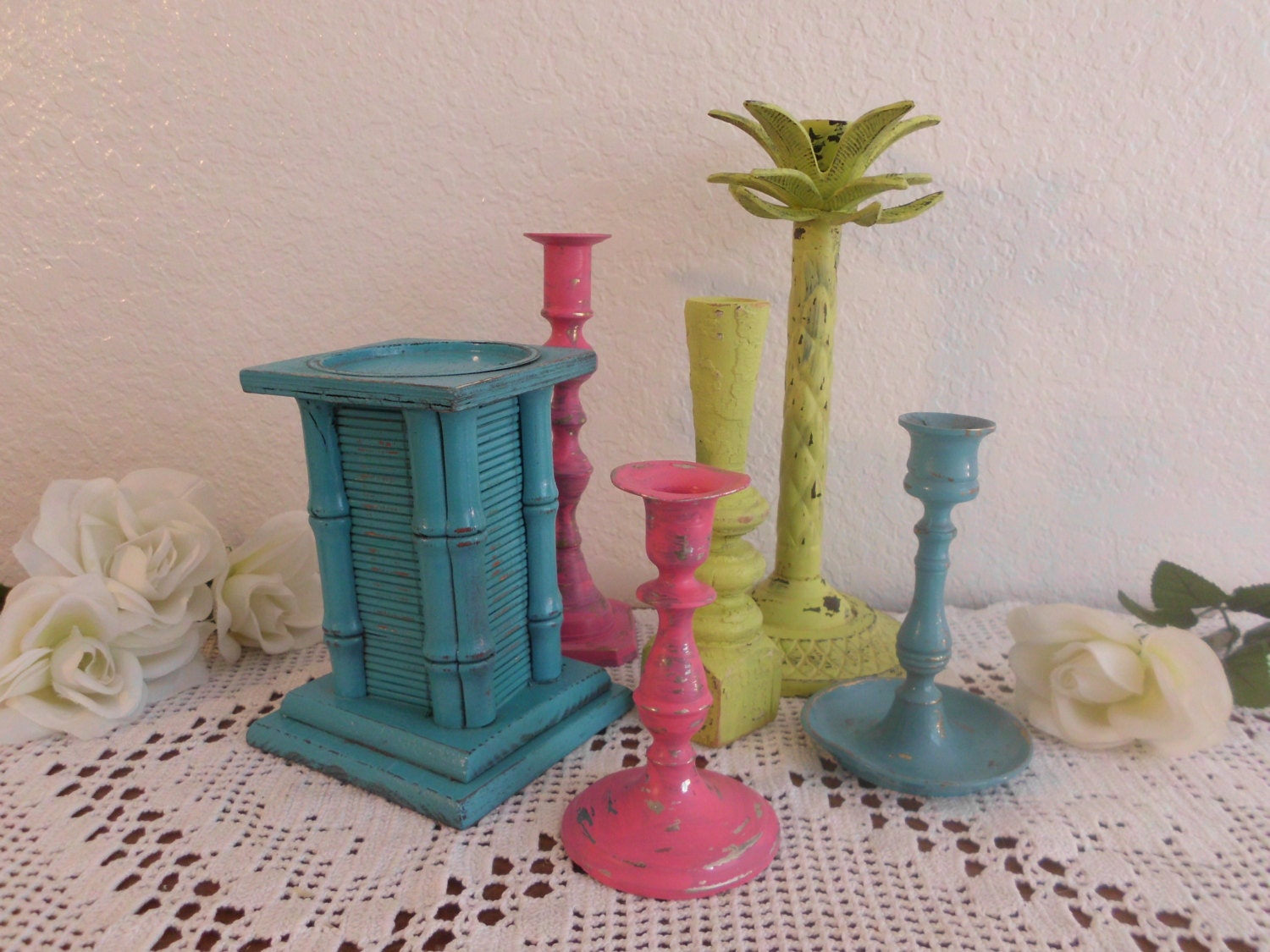Aqua Turquoise Teal Blue Hot Bright Pink Lime Green Colorful Shabby Chic Candle Holder Set Beach Cottage Home Decor Birthday Gift For Her
