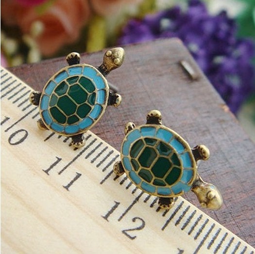 Sea Turtle Ear Stud- Minimalist Dainty Bronze Small Little Tortoise Metal Earring, Enameled Blue Green,  Nautical Marine Sea Animal jewelry