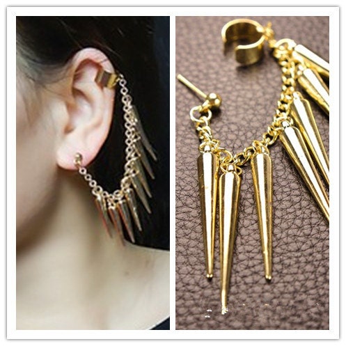 Spike Ear Clip- 1Pc Gothic Punk Golden/Silvery BIG Rivet Spiked Spike Fringe Metal Ear Stud Cuff Wrap Chain Earrings PIERCING