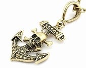 Caribbean Pirate Necklace-Antique Silver/Bronze BIG Skull Bone and Boat Anchor Long Statement Men Necklace, retro Steampunk punk rock gothic