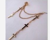 Cross Earring- Golden Chain Dangle small Crosses Ear Cuff Clip Stud Wrap Earring PIERCING, punk gothic rock modern fashion chic girly lolita