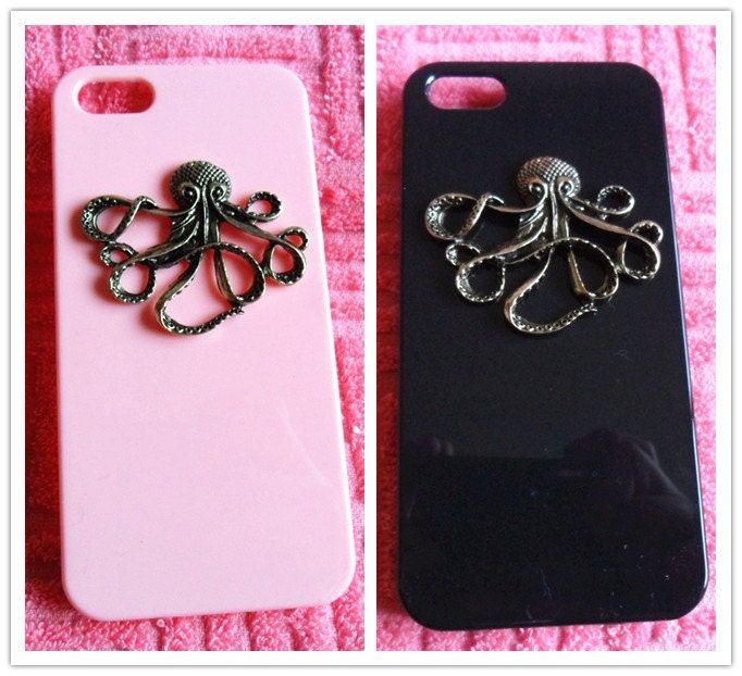 iPhone 5 Case- Black/White/Pink/Blue/Mint Green Case With Bronze Metal BIG Sea Octopus For iPhone 5 Hard Case, Apple Accessory