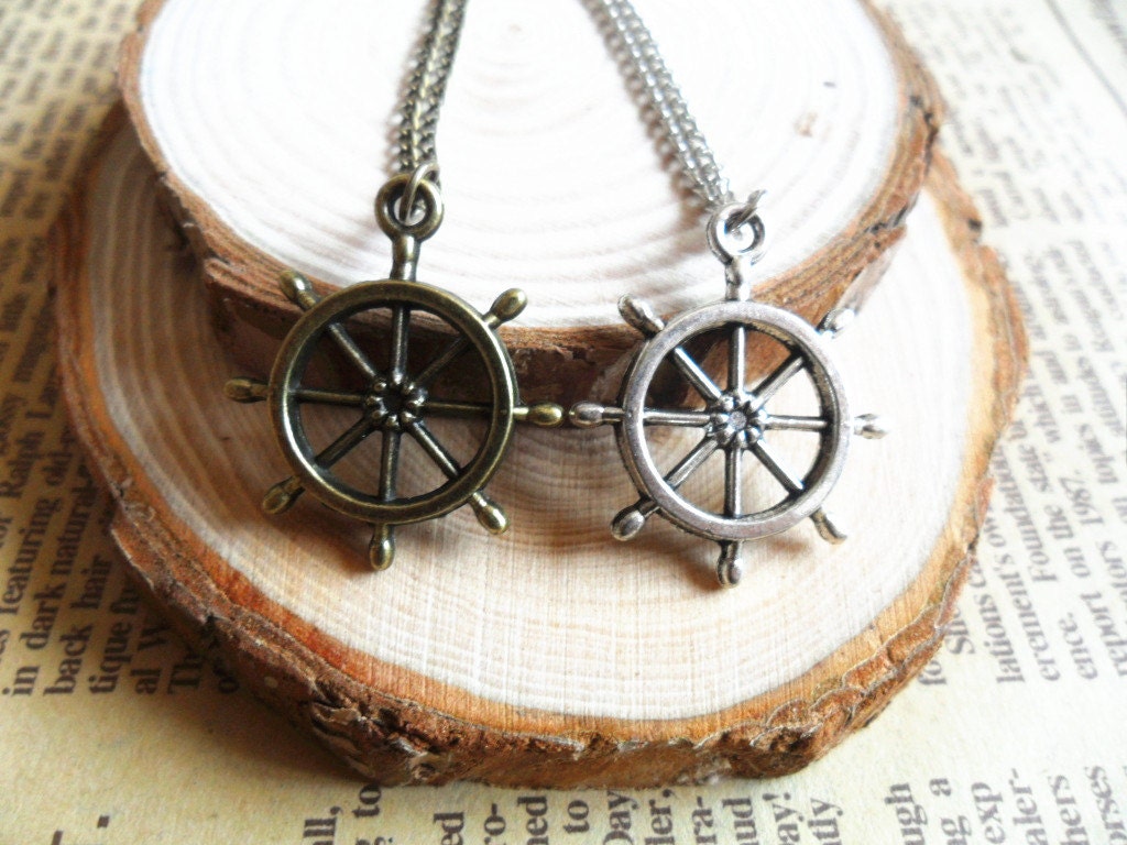 Steampunk Rudder Necklace- Antique Silver/Bronze Minimalist Miniature Small Boat Ship Wheel Pendant, Nautical Sailing Beach Pirate jewelry