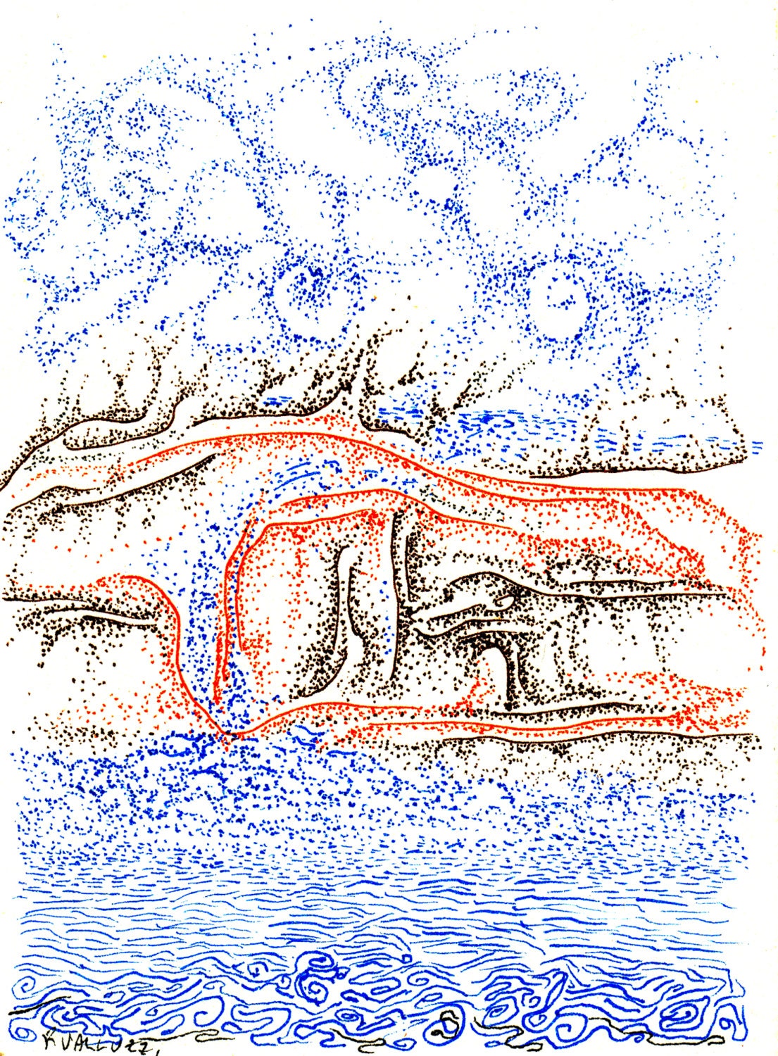 Bluffs, a detailed tiny original pen and ink drawing, original and one of a kind