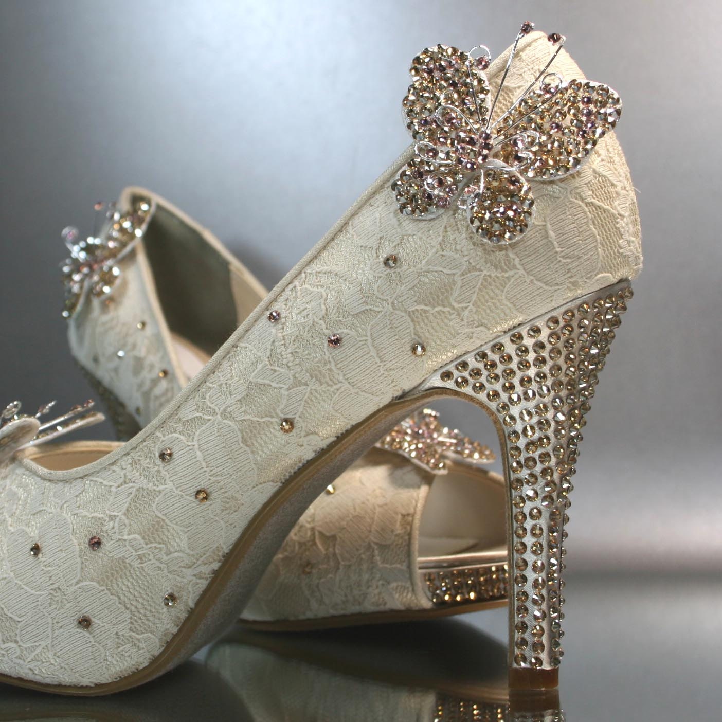 Wedding Shoes --  Champagne Lace Peeptoes with Gold Rhinestone Heels and Gold and Rose Rhinestone Butterflies