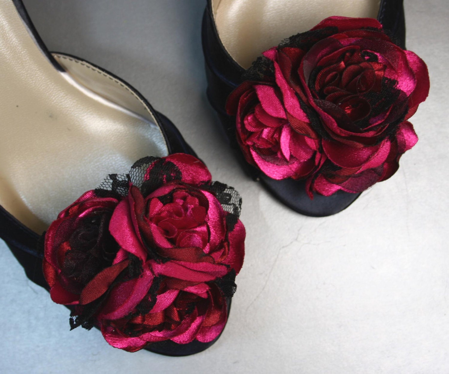 Wedding Shoes -- Navy Blue Peeptoes with Red and Pink Flower Adornment