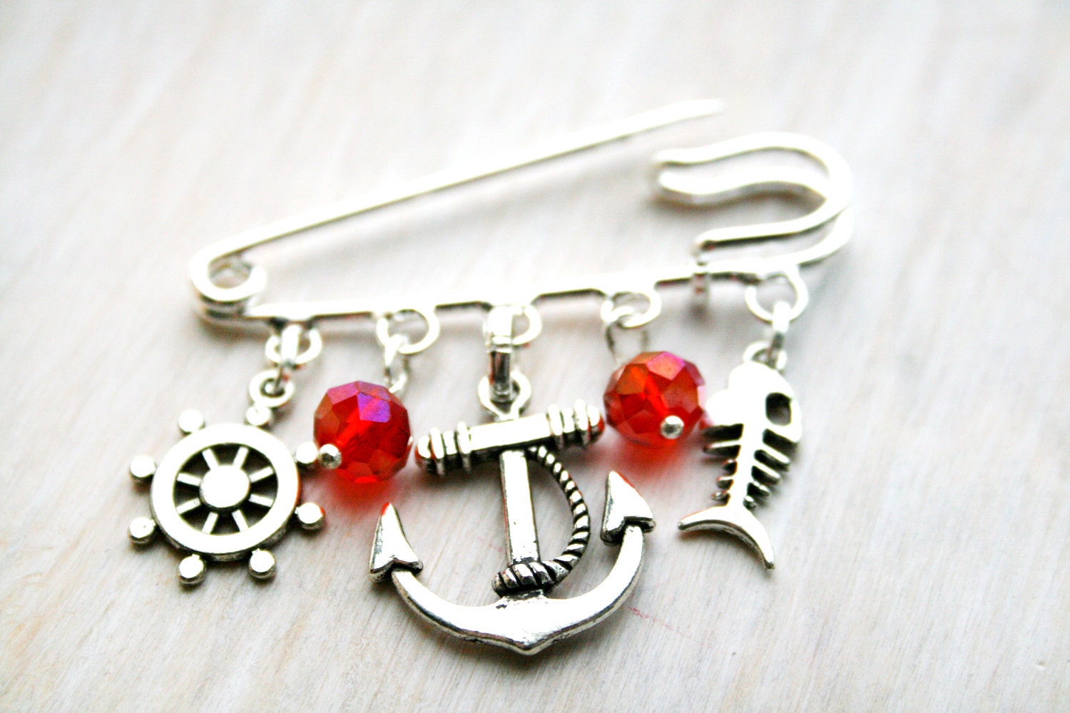 Nautical brooch. Tibetan silver Anchor. Swarowski  red beads. Anchor Safety pin brooch. Nautical  Red
