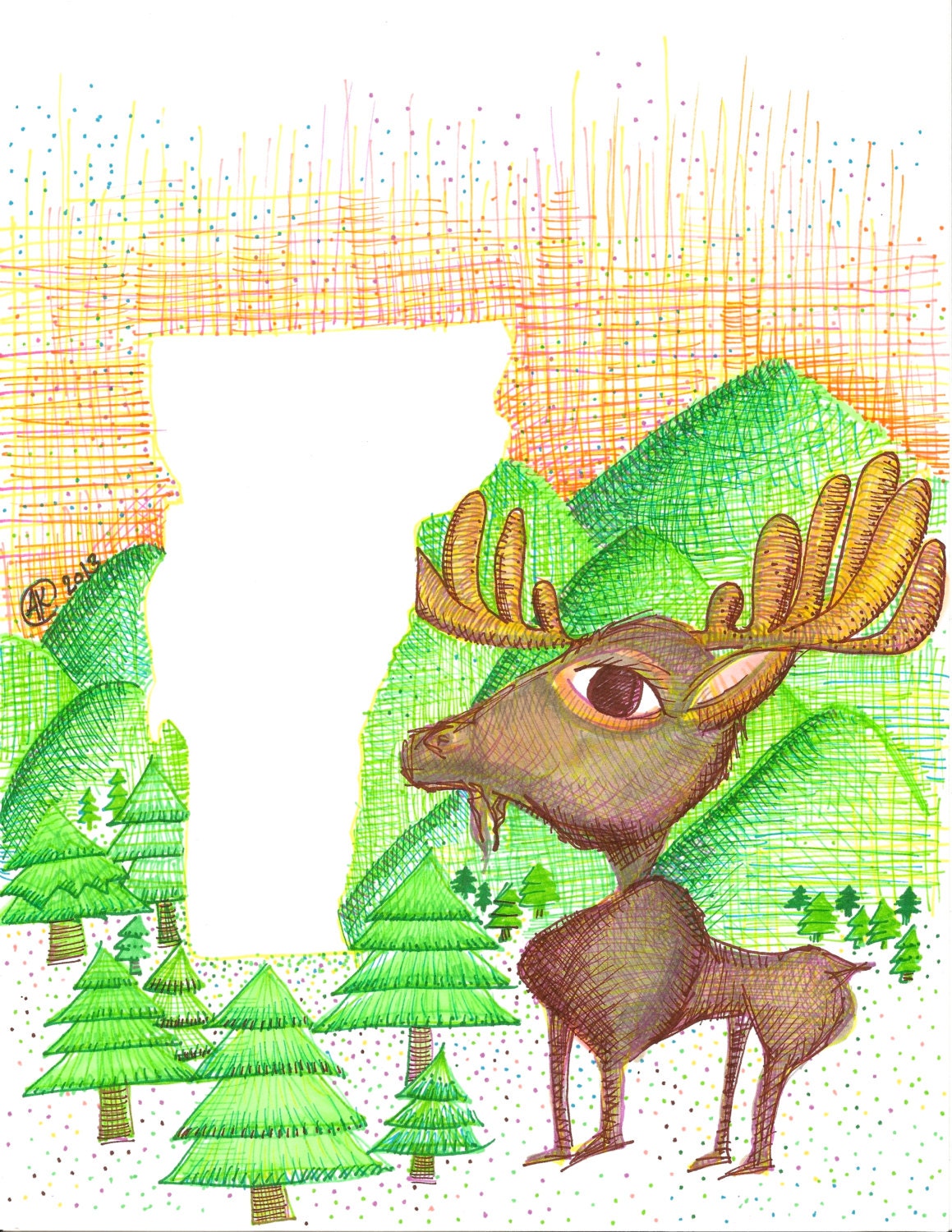 Vermont Drawing. Original Whimsical Work with Sharpies and Copic markers. Art from Allie Kelley